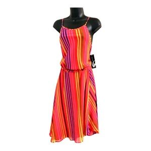 Nine West pink multicolor striped asymmetric‎ belted flowy dress size 4 new